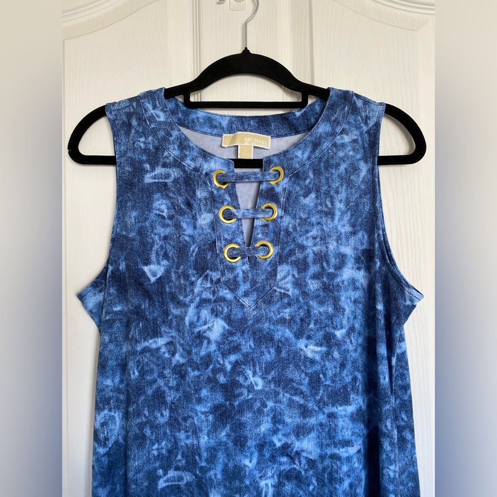 MICHAEL KORS Sleeveless Tie Dyed Denim Blue Lace Up Neck Tank Mini Dress Size L - Picture 3 of 14